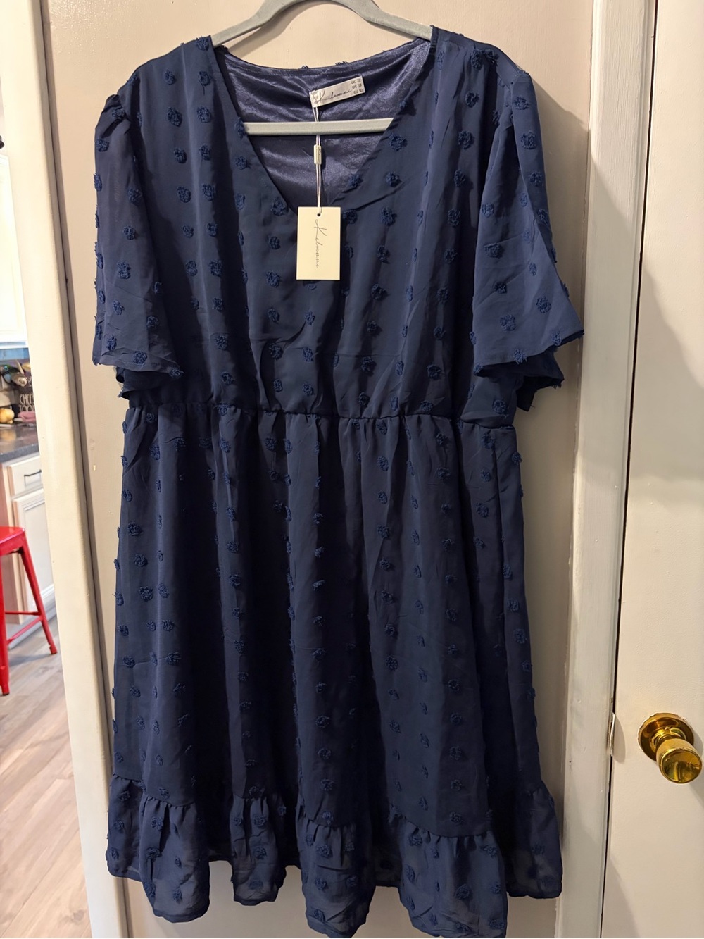 Woman’s' Navy Textured Ruffle-Hem Casual Dress NWT